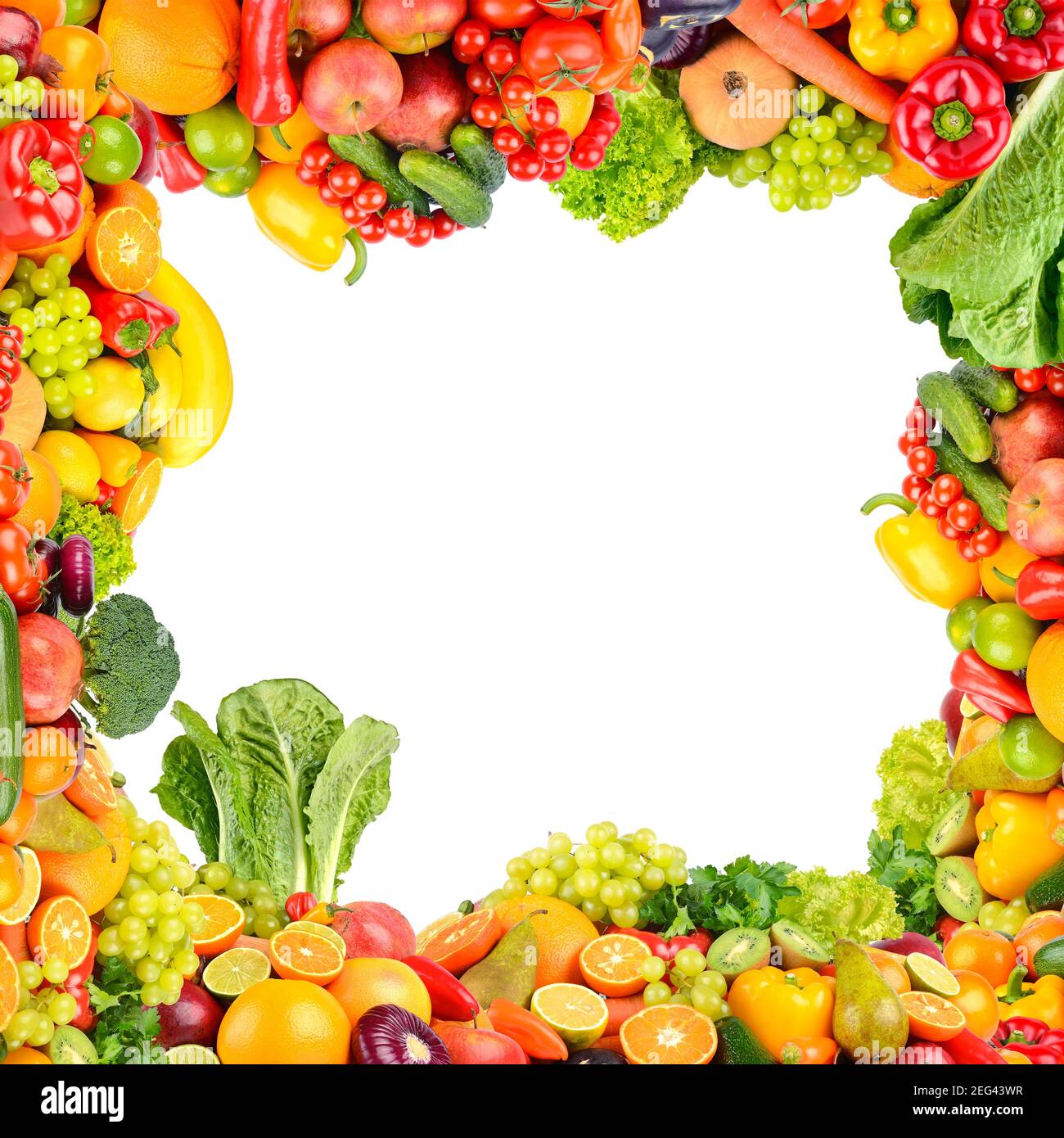 Collage di verdure e frutta sotto forma di cornice quadrata isolata su sfondo bianco. Foto Stock
