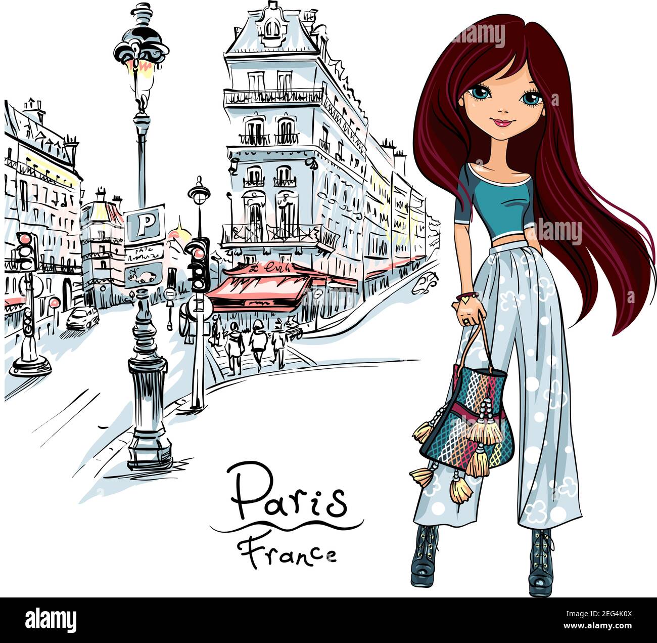 Vettore cute brunette ragazza su una strada di parigi a Parigi, Francia Illustrazione Vettoriale