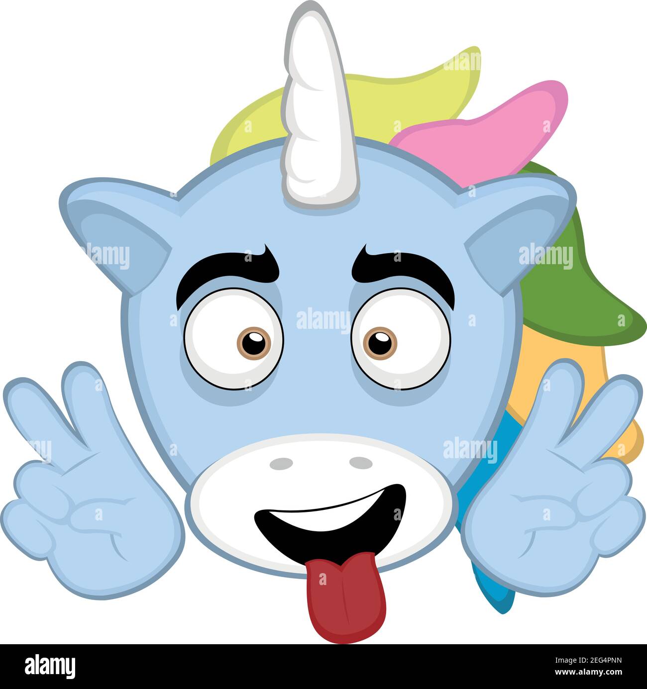 Vettore emoticon illustrazione della testa di un simpatico cartone animato unicorno, con un'espressione felice, con la lingua fuori e con le mani che fanno il simbolo Illustrazione Vettoriale