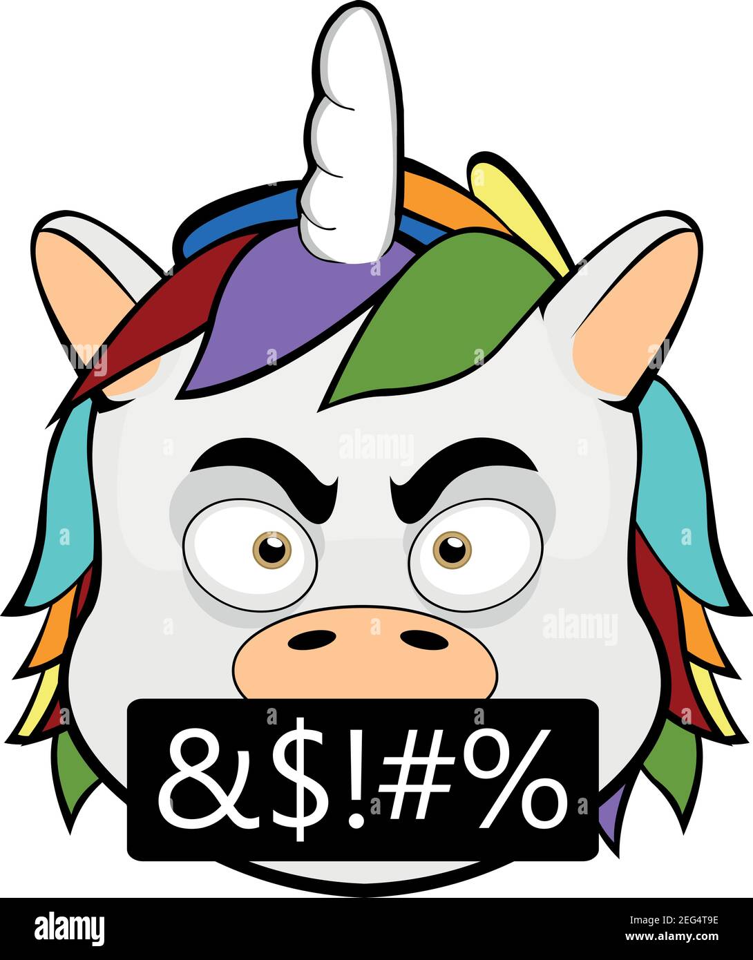 Illustrazione vettoriale di un'emoticon della testa di un unicorno cartoon con un'espressione arrabbiata e un'emozione, con un testo di insulti simboli Illustrazione Vettoriale