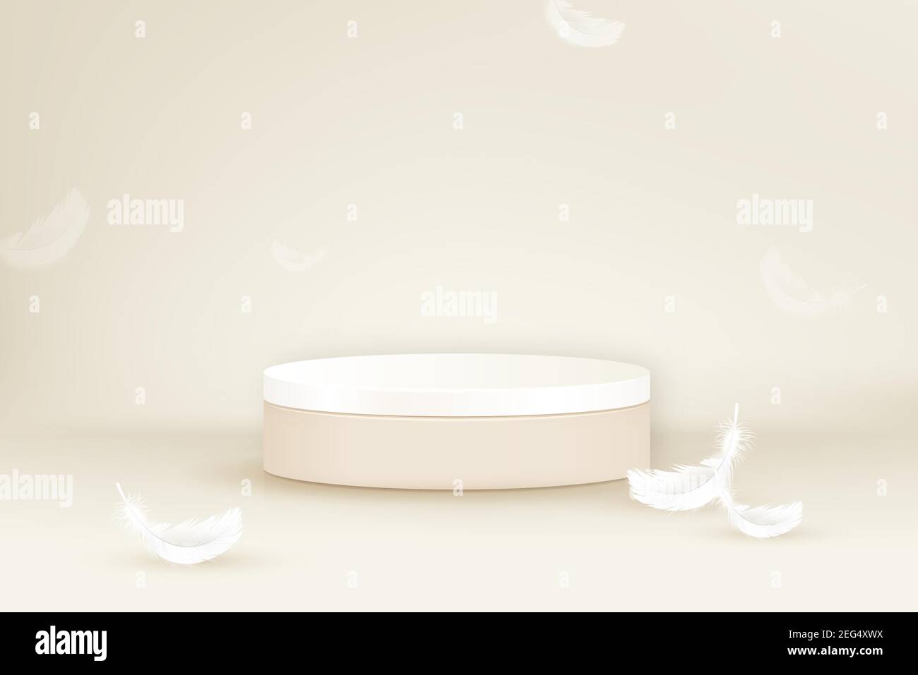 Palco 3D mockup con piume su sfondo di colore beige per il posizionamento cosmetico e del prodotto, illustrazione vettoriale Illustrazione Vettoriale