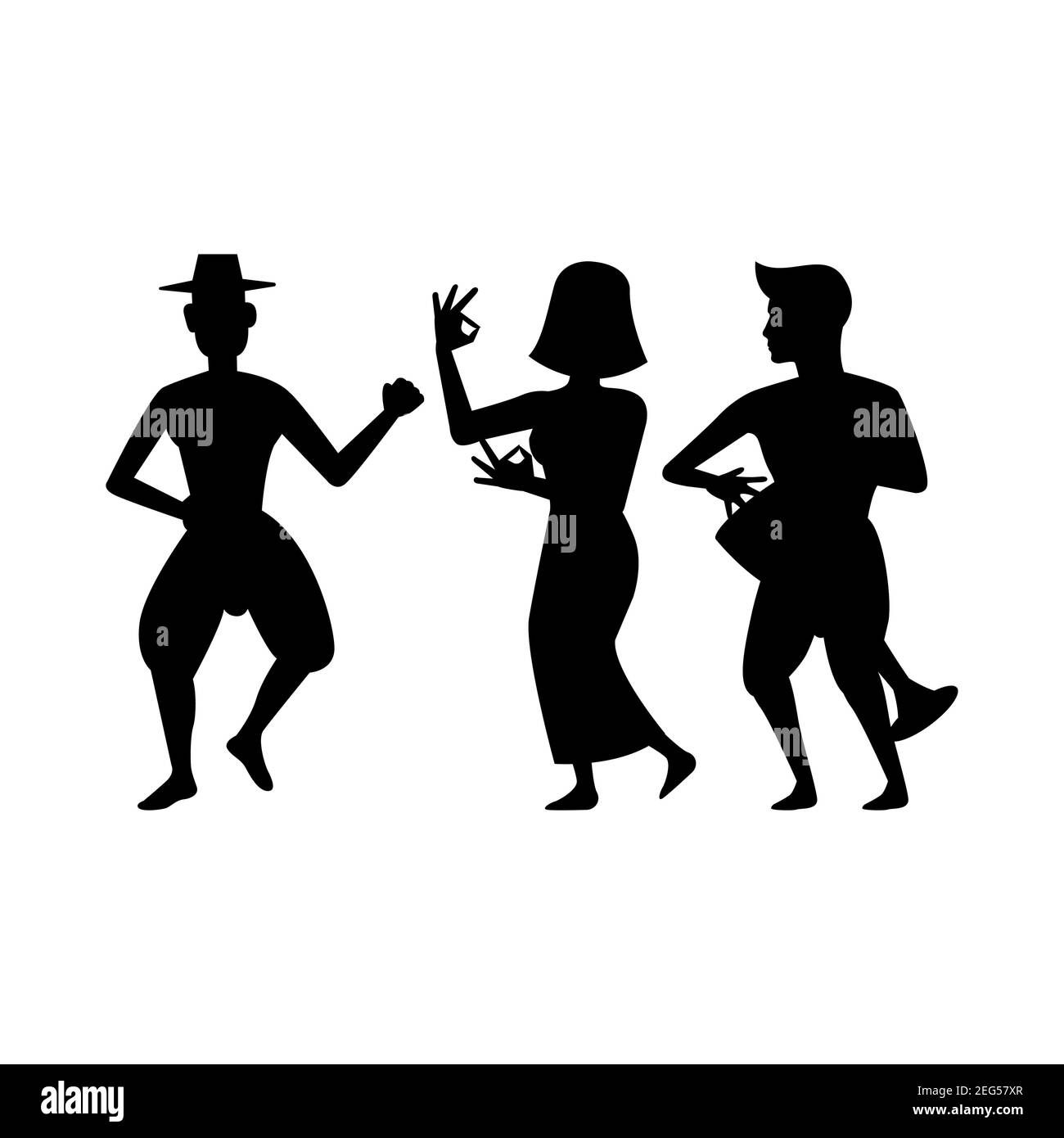 silhouette nera con sfondo bianco isolato di persone che ballano con la canzone di tamburo asiatica, illstration vettoriale Illustrazione Vettoriale