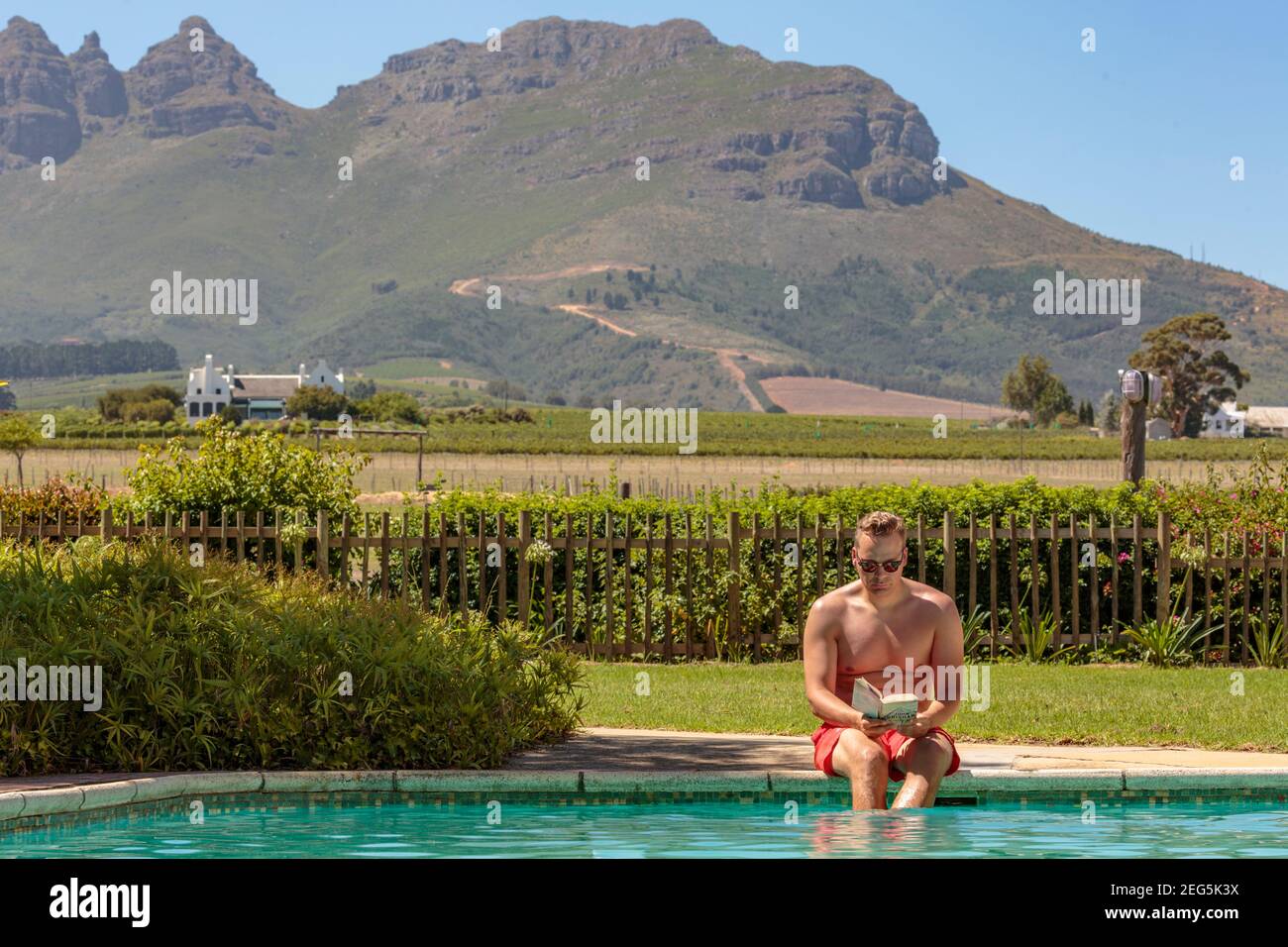 Uomo seduto in piscina presso l'agriturismo Rosenview con montagna e viti sullo sfondo, Stellenbosch, Sudafrica Foto Stock