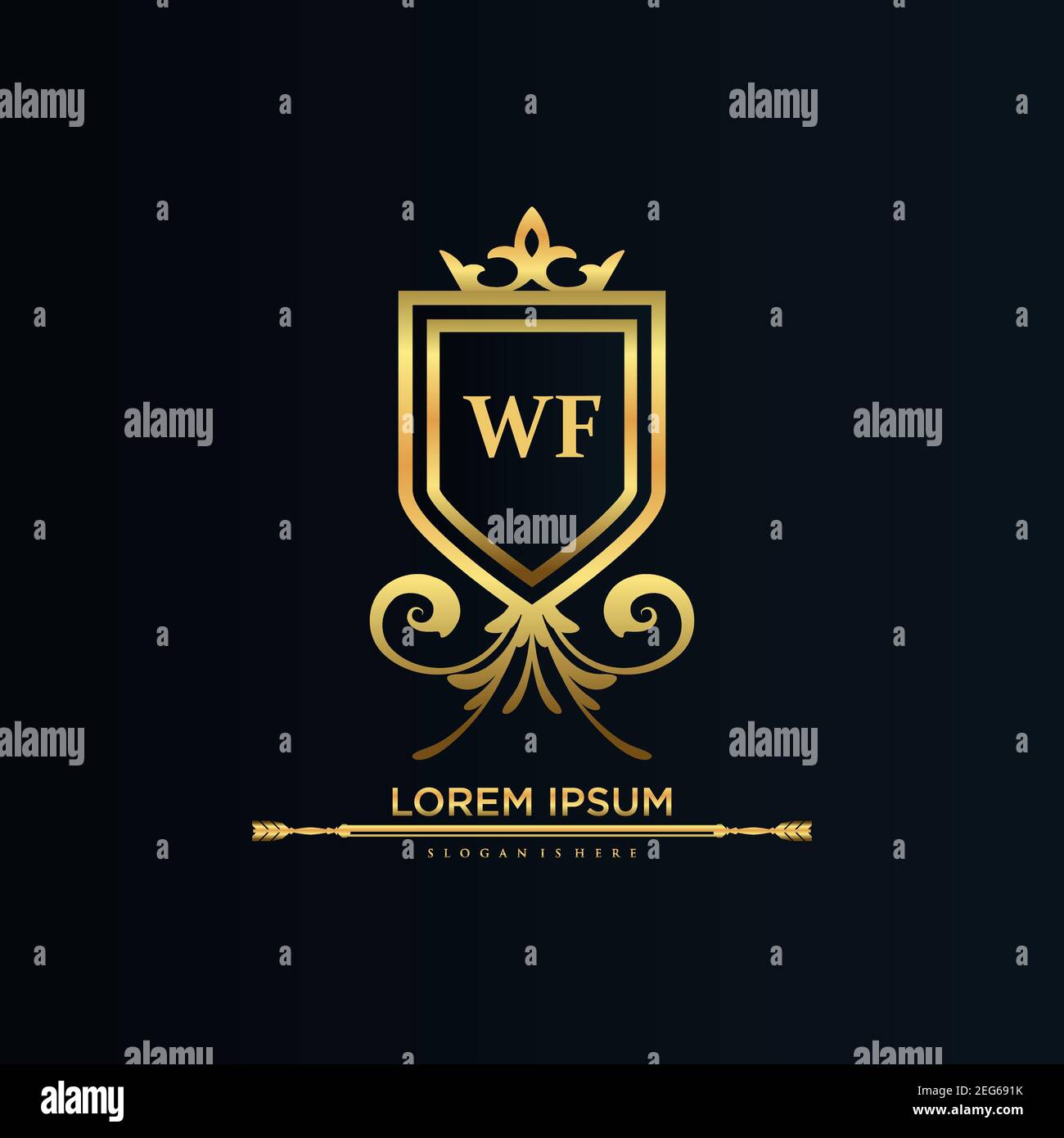 WF Letter Initial with Royal Template.Elegant with Crown logo vector, Creative lettering Logo Vector Illustration Art Illustrazione Vettoriale