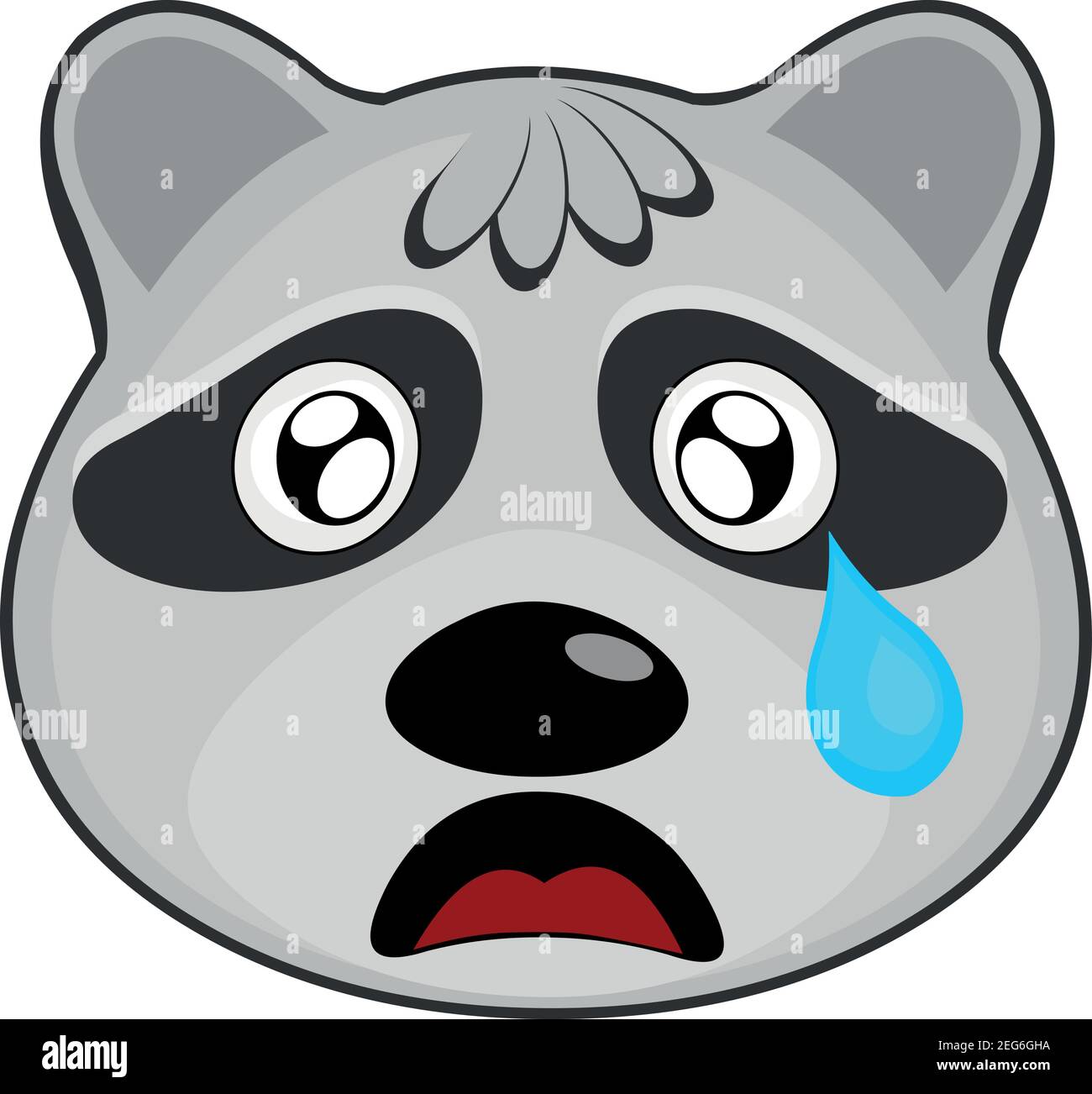 Vettore emoticon illustrazione cartoon di una testa di un raccoon con una triste espressione e piangendo con una lacrima che cade dal suo occhio sopra la sua guancia Illustrazione Vettoriale
