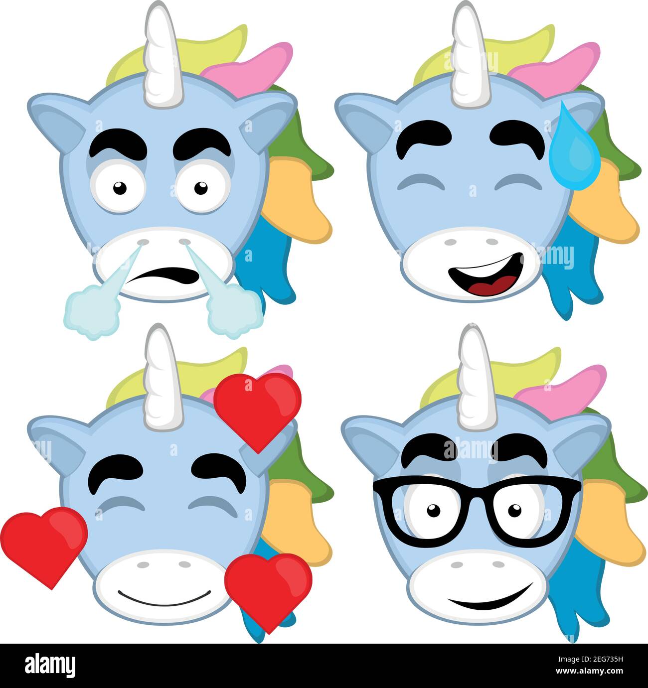 Illustrazione vettoriale di espressioni di un fumetto unicorno Illustrazione Vettoriale