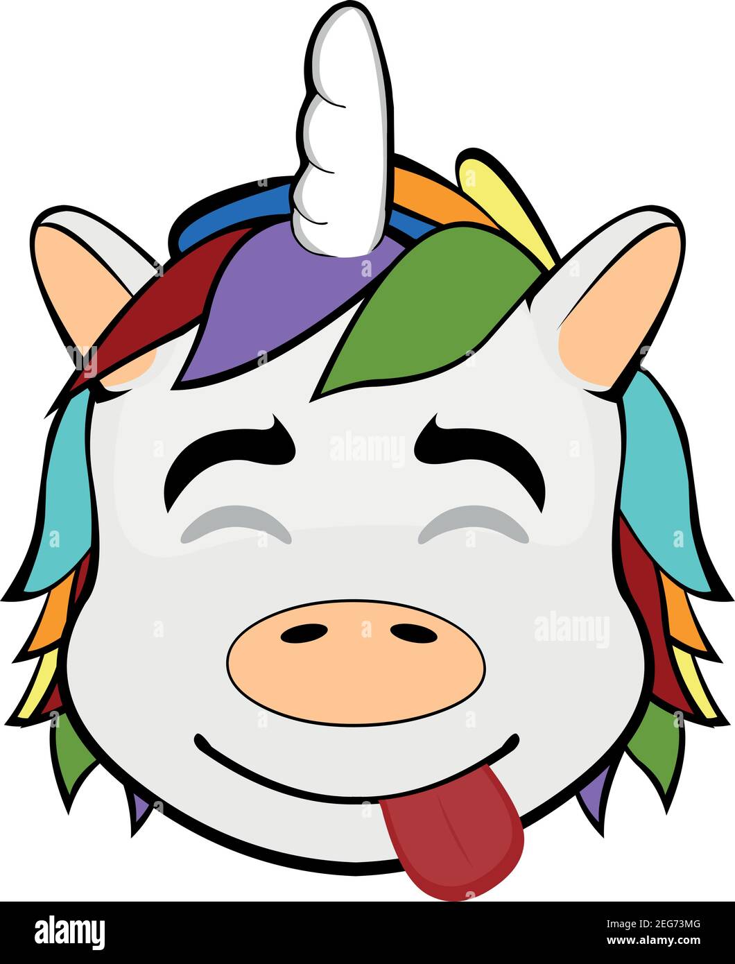 Vettore emoticon illustrazione cartoon di un unicorno testa con una gioiosa espressione di piacere con i suoi occhi chiusi e sticking fuori la sua lingua Illustrazione Vettoriale