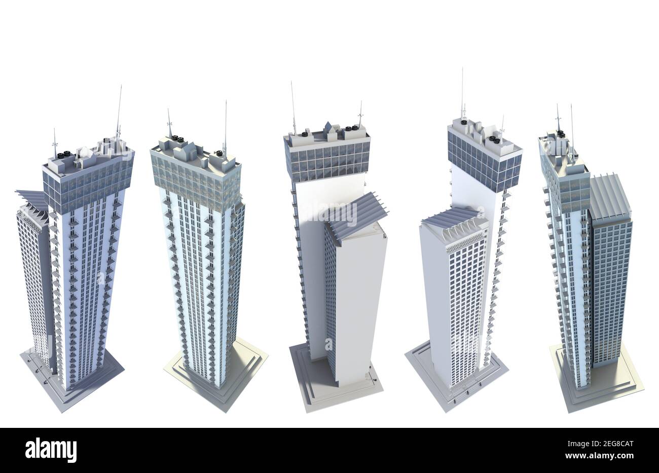 5 rendering vista dall'alto di grattacieli della città dal design immaginario, torri viventi con riflessi del cielo - isolato su bianco, illustrazione 3d dei grattacieli Foto Stock