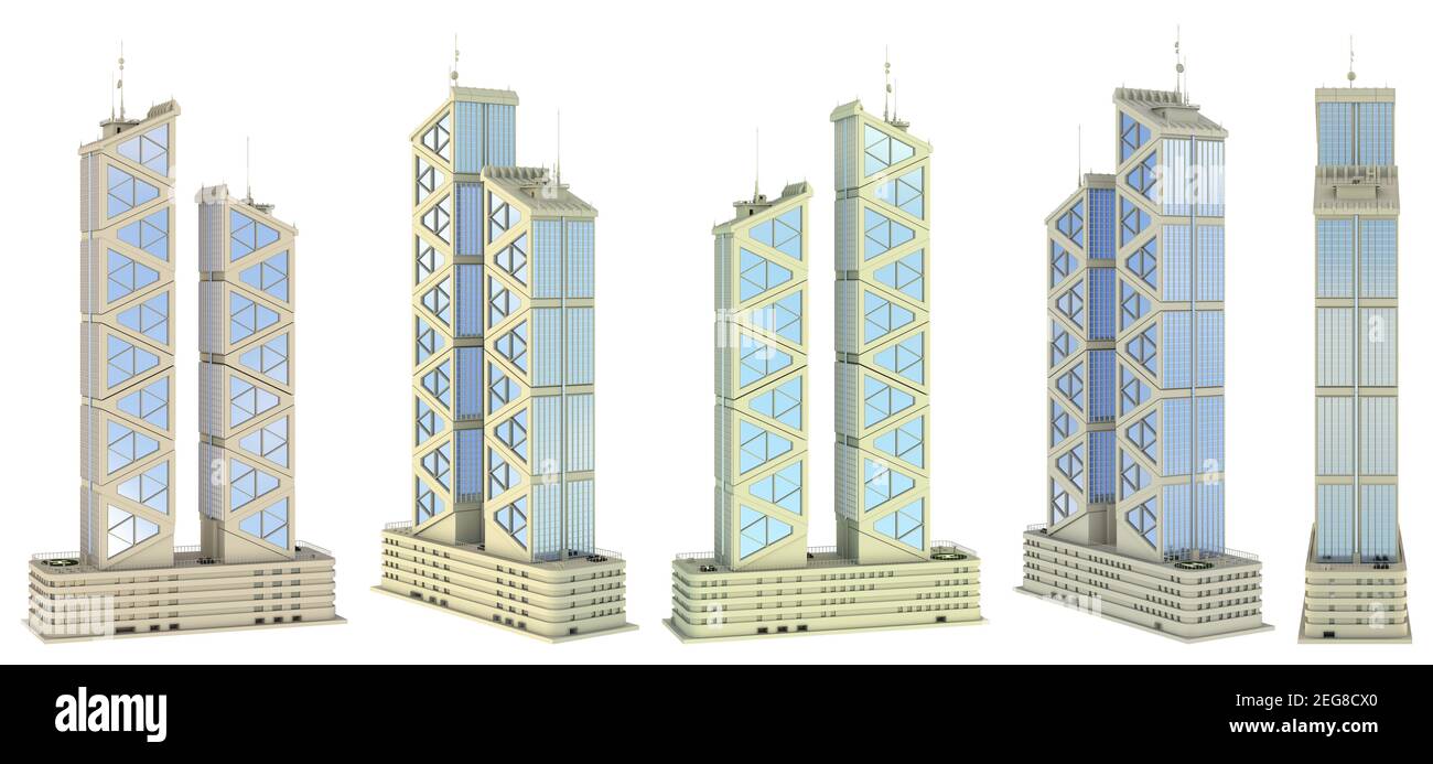 5 diverse angolazioni viste rendering di disegno fittizio edifici alti astratti con due torri con riflessi cielo - isolato su bianco, illustrazione 3d o Foto Stock