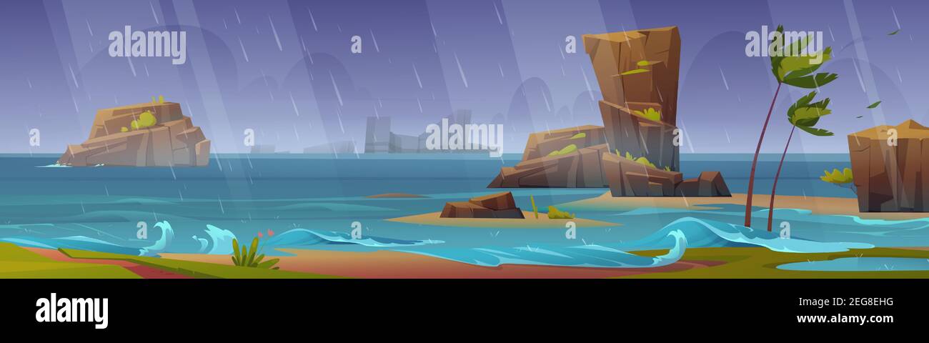Tempesta tropicale sulla spiaggia dell'oceano con palme che si piegano e rocce intorno. Uragano rabbia sul mare con onde che spruzzano e pioggia doccia che cade dal cielo scuro, disastro della natura, illustrazione vettoriale di Cartoon Illustrazione Vettoriale