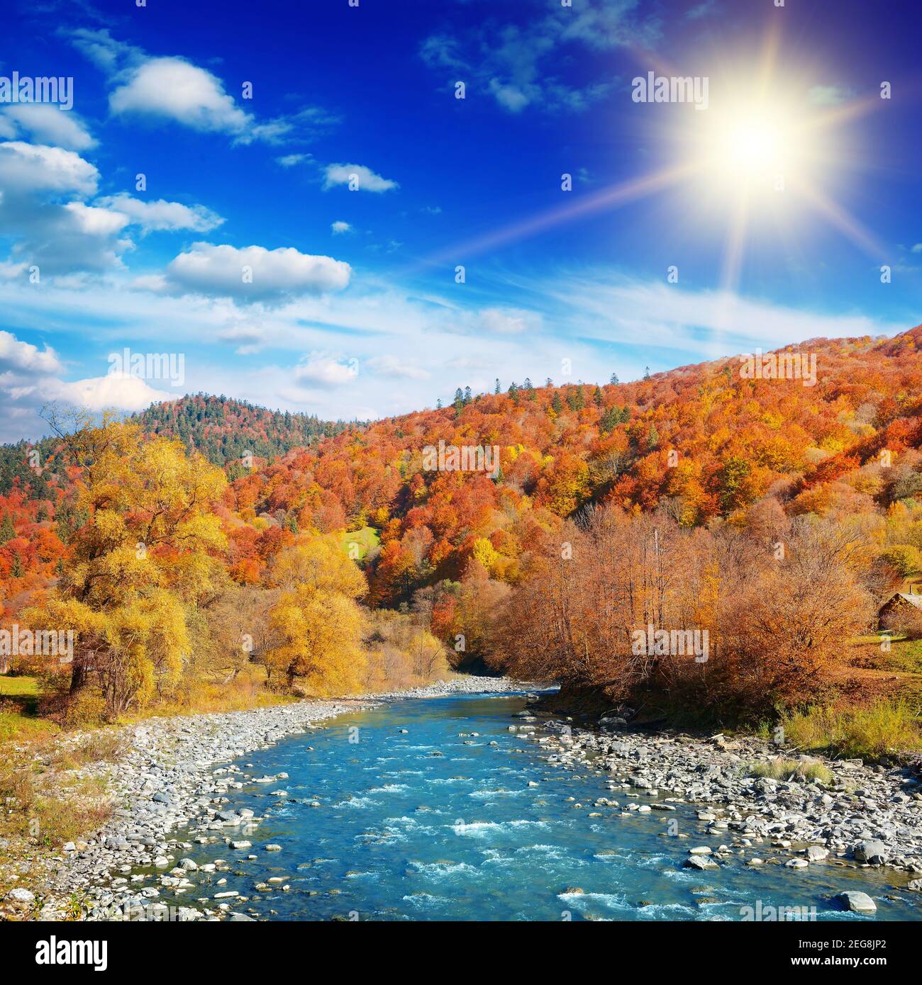 Luminoso paesaggio autunnale della valle del fiume di montagna con sole luminoso. Foto Stock