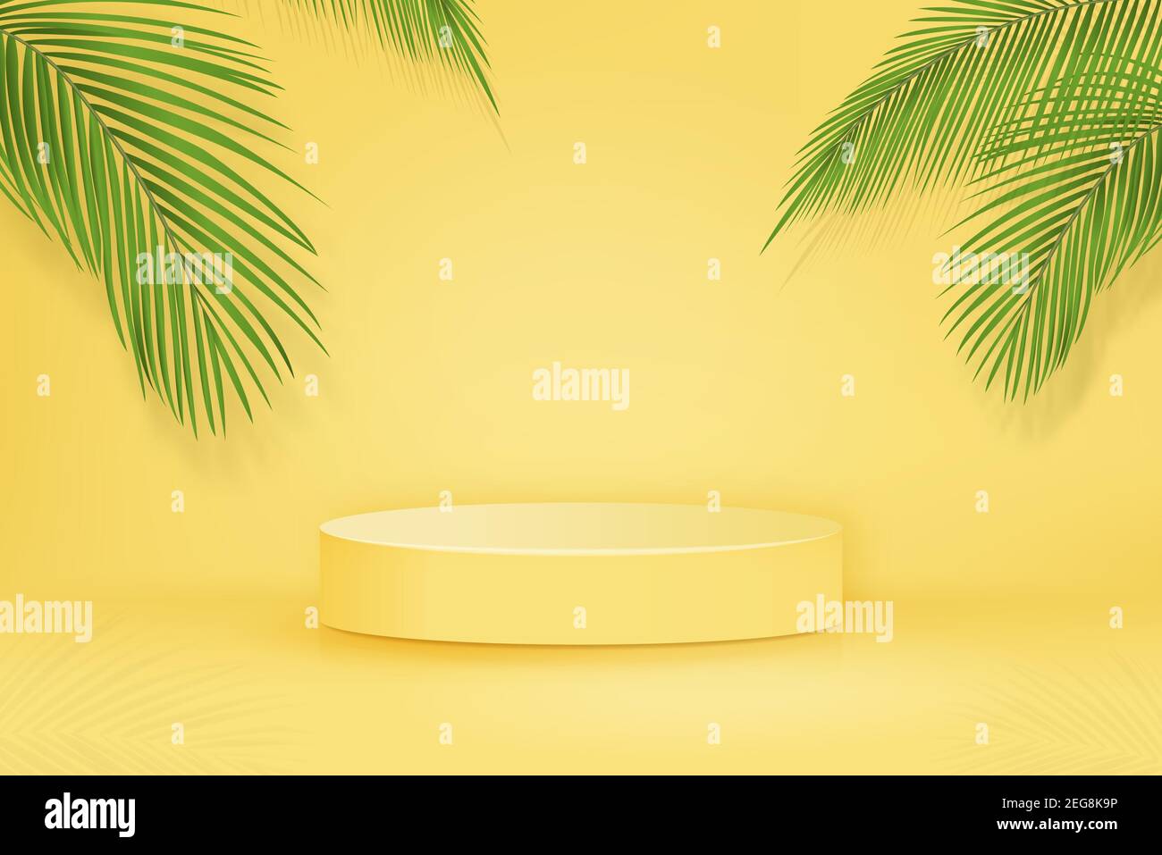 3D palco podio mockup su sfondo giallo con foglie di palma per il posizionamento di cibo e prodotti in concetti tropicali, illustrazione vettoriale Illustrazione Vettoriale