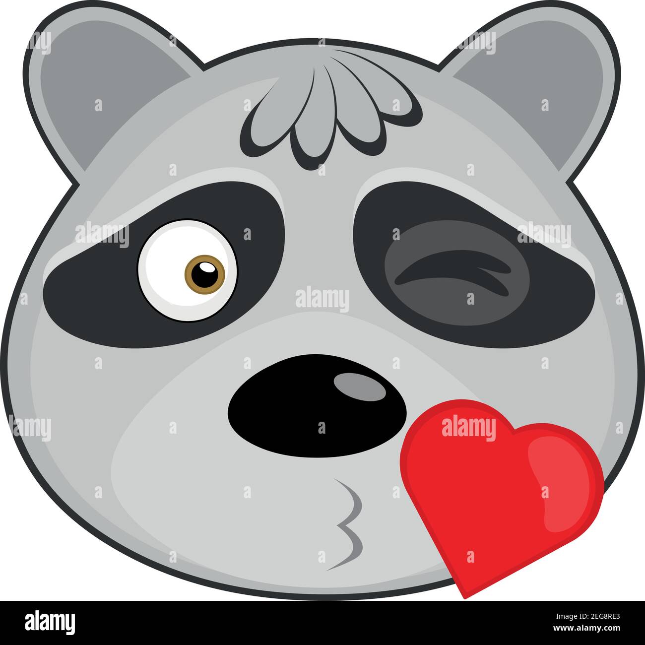 Vettore emoticon illustrazione cartoon di una testa di un raccoon con un'espressione d'amore che dà un bacio a forma di cuore Illustrazione Vettoriale