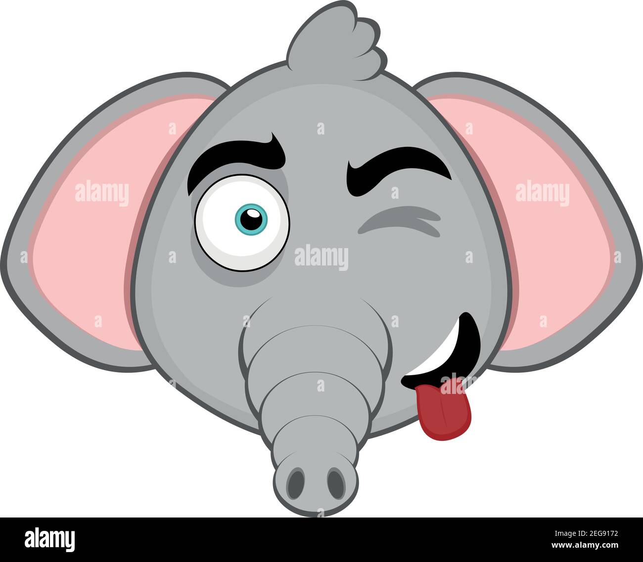 Vettore emoticon illustrazione cartoon della testa di un elefante con espressione felice, vagliando e attaccando la sua lingua con la bocca aperta Illustrazione Vettoriale