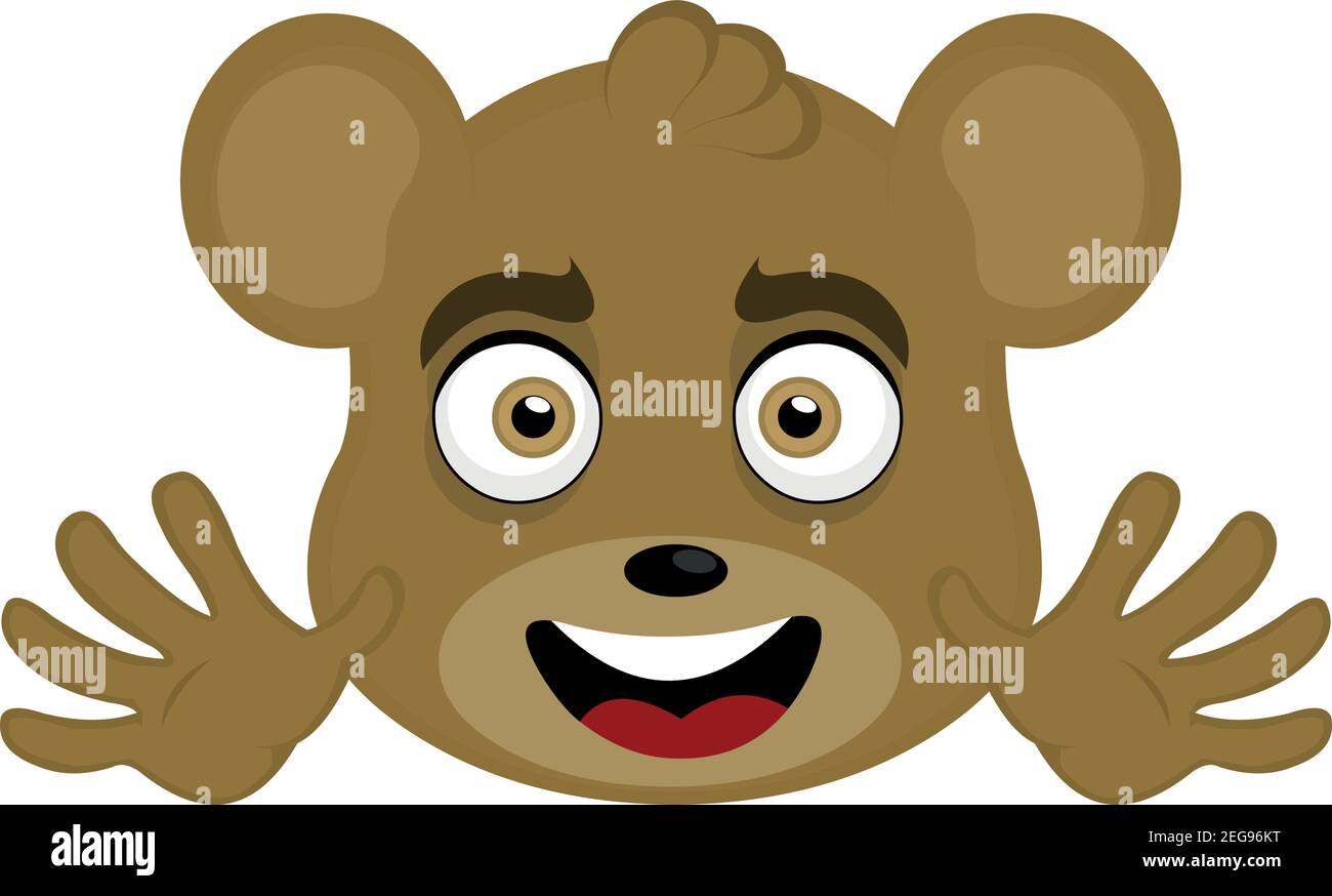 Vettore emoticon illustrazione cartoon di testa di un orsacchiotto con un'espressione allegra sorridendo con bocca aperta e occhi chiusi, mostrando le mani Illustrazione Vettoriale