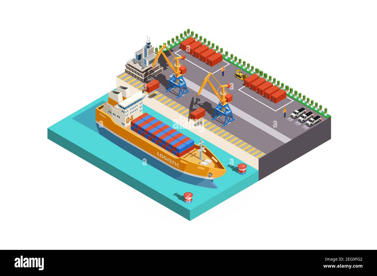 Icona isometrica vettoriale moderna o elemento infografico che rappresenta la porta di carico in poly cargo bassa con gru che caricano i contenitori sulla nave portacontainer, camion, per Foto Stock
