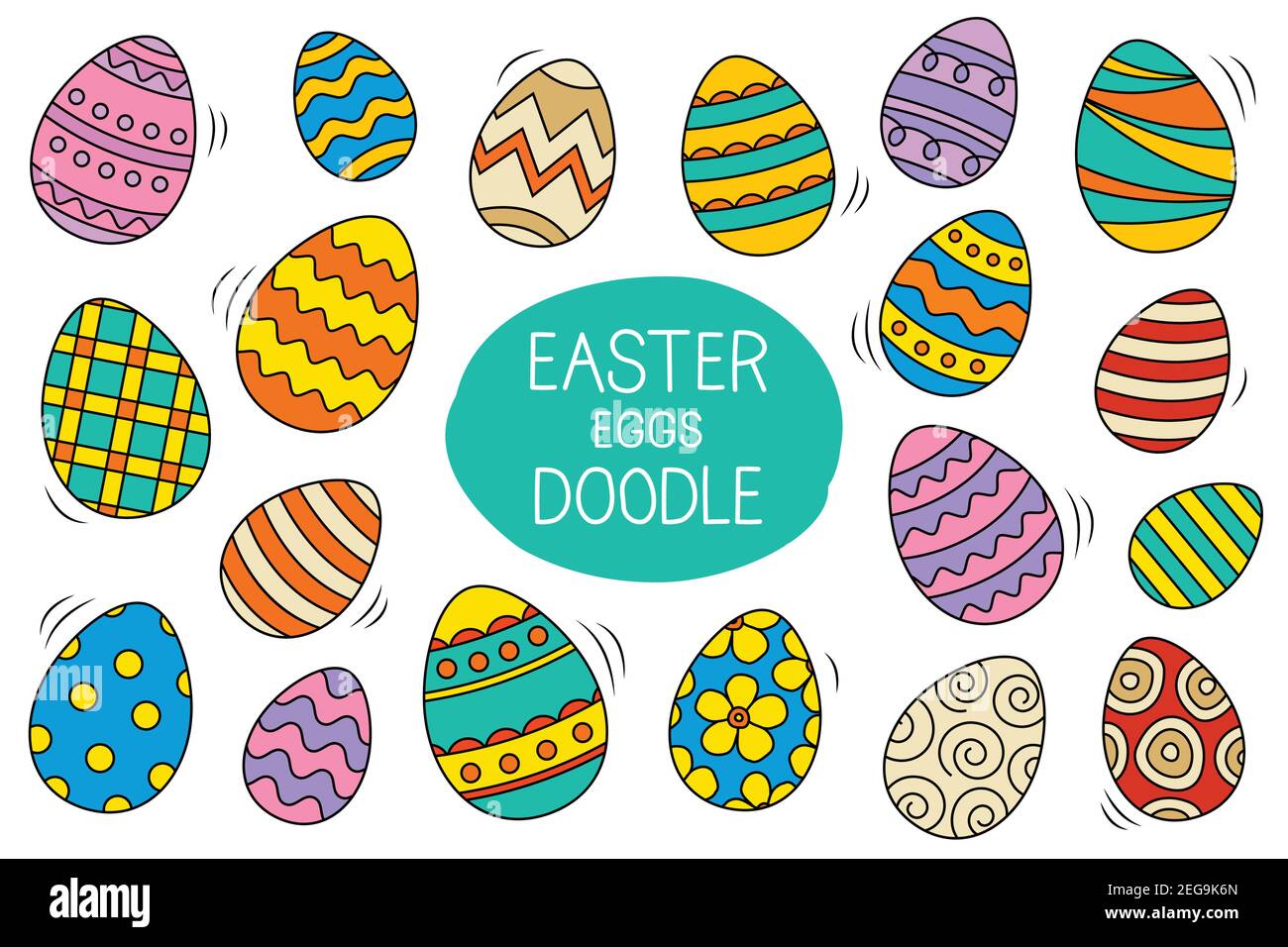 Uova di Pasqua impostare doodle e stile colore. Happy pasquale colore pastello isolato su sfondo bianco. Illustrazione Vettoriale