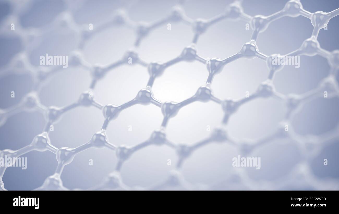 Il grafene è composto da atomi di carbonio distribuiti in configurazione esagonale. Nanotecnologie basate su grafene. Foto Stock