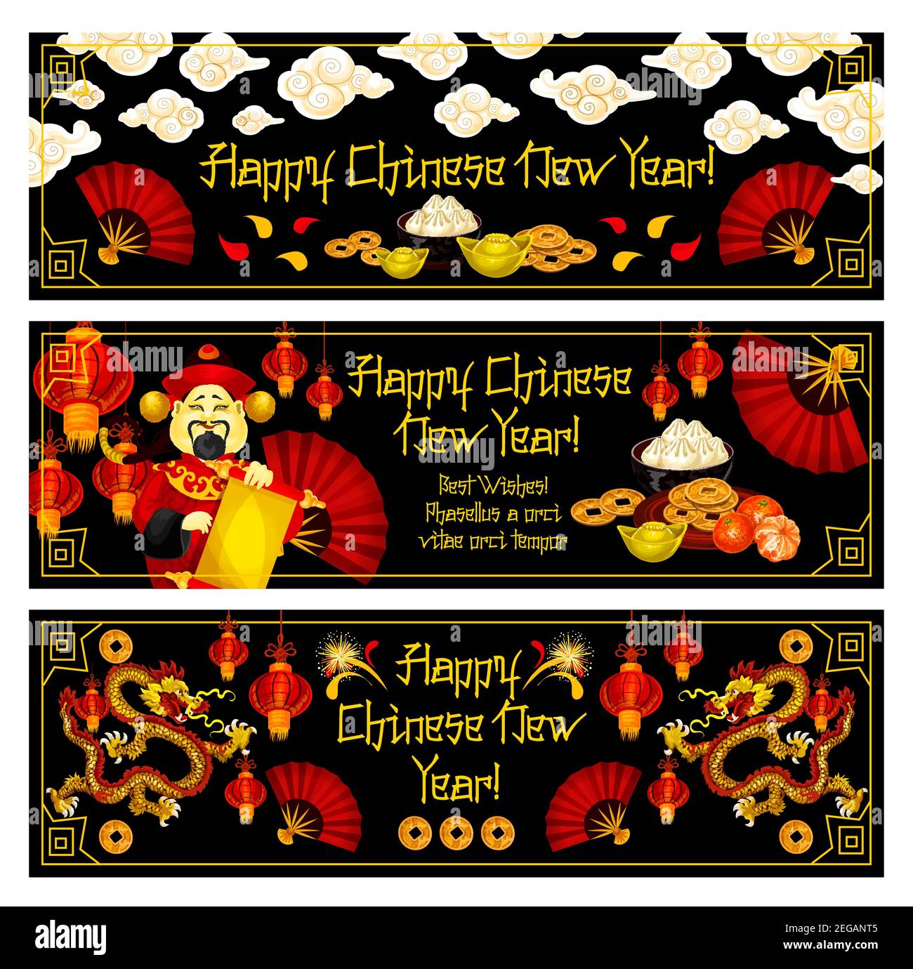 Buone bandiere di auguri per il Capodanno cinese per la tradizionale festa lunare. Simboli cinesi vettoriali e decorazioni di monete d'oro, draghi e. Illustrazione Vettoriale