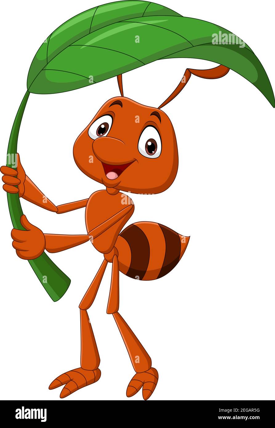 Carino cartoon ant contenente foglia verde Illustrazione Vettoriale