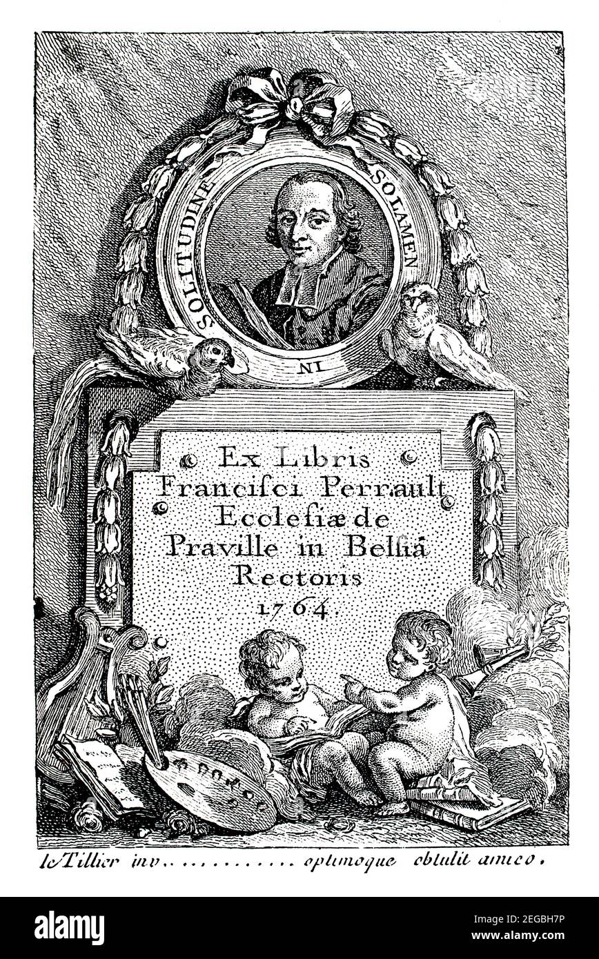 1764 Ritratto del clergyman francese Francisei Perrault (Francis Perrault) con il motto solamen latino in solitudine, solace nel deserto Foto Stock