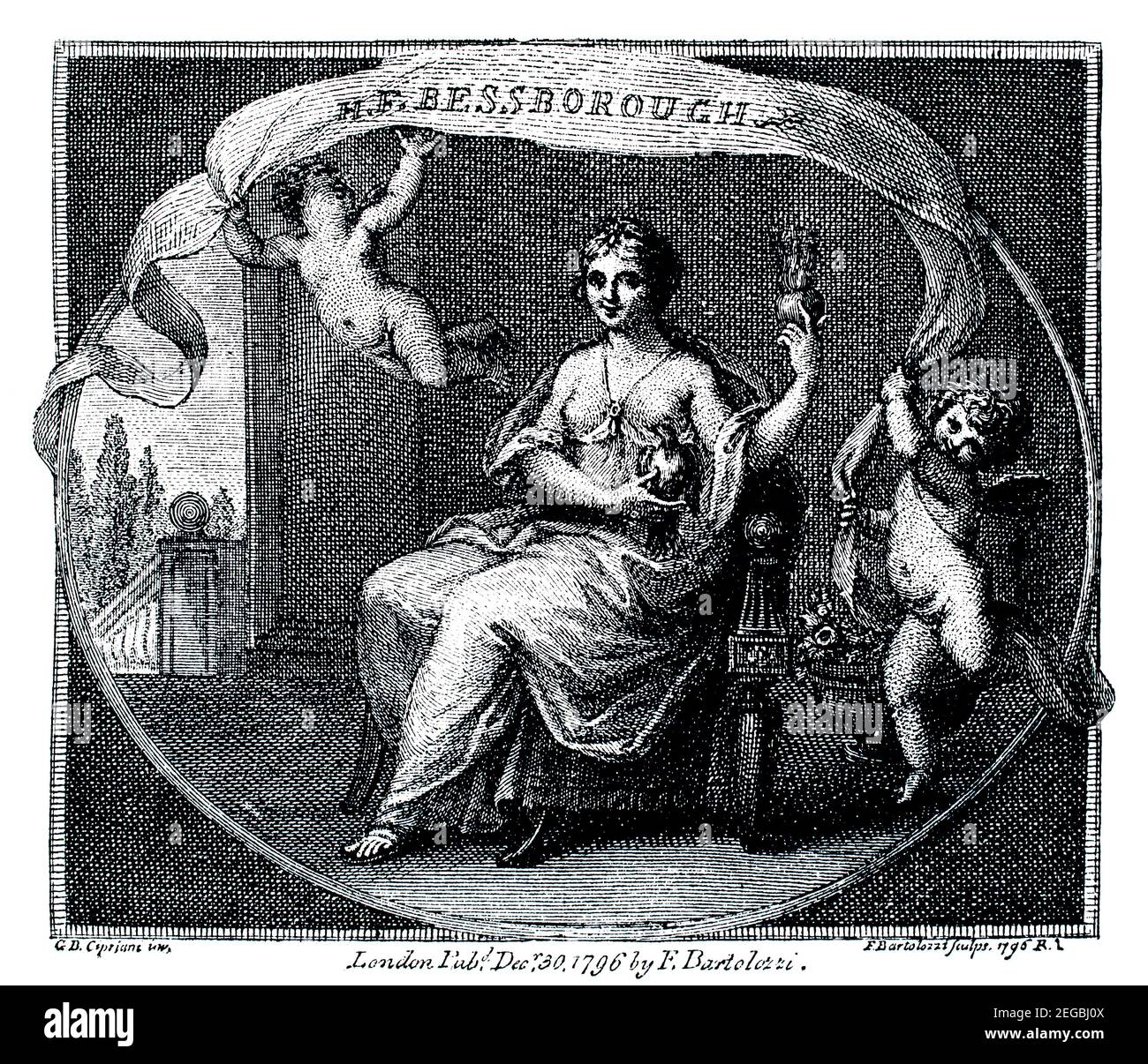1796 bookplate per H F Bessborough (Lady Henrietta Frances Spencer) Disegnata da Giovanni Battista Cipriani e incisa da incisore italiano Francesco Foto Stock