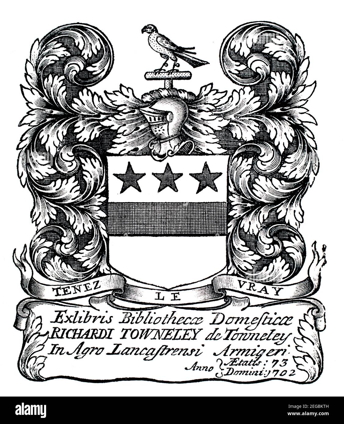 1702 bookplate appartenente a Richard de Towneley, (1689-1735of Towneley Hall Burnley Lancashire Foto Stock