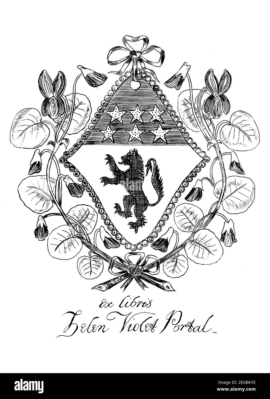 Disegno araldico ex libris inciso a mano per Helen Violet Portal dal 1880 Foto Stock