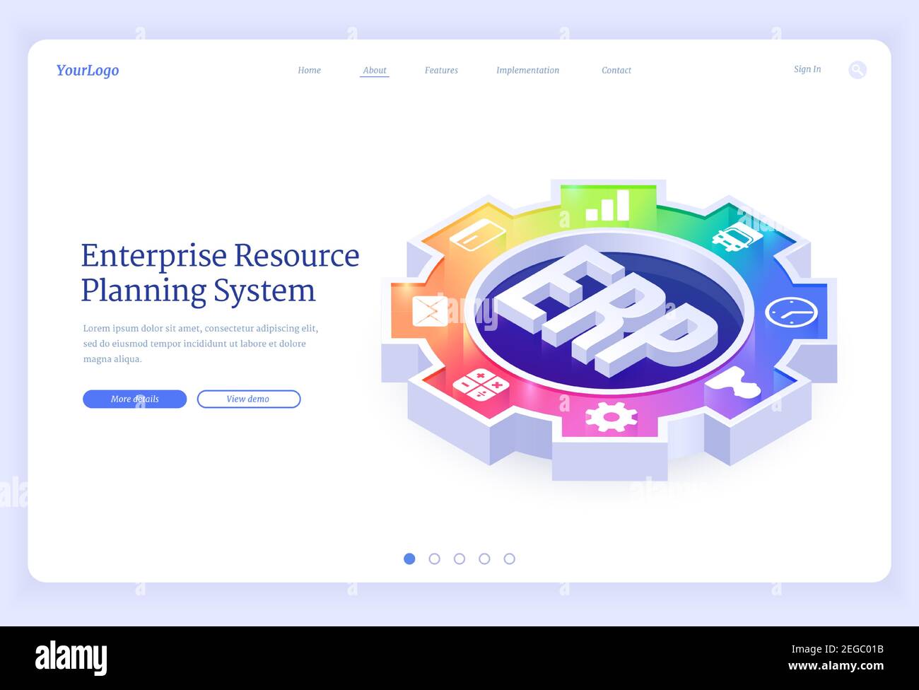 ERP, landing page isometrica per la pianificazione delle risorse aziendali. Sviluppo di sistemi di produttività e miglioramento, integrazione aziendale, strategia, icone di ufficio su un grande banner web vettoriale 3d gear o ruota dentata Illustrazione Vettoriale