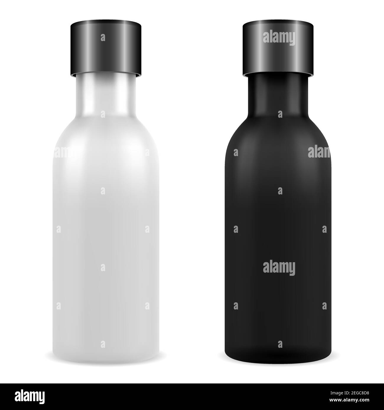 Set bottiglia cosmetica olio essenziale nero, bianco. Mockup vettoriale a fiala rotonda isolata. Modello medico in plastica realistico. Contenitore nero smal farmacia. Illustrazione Vettoriale