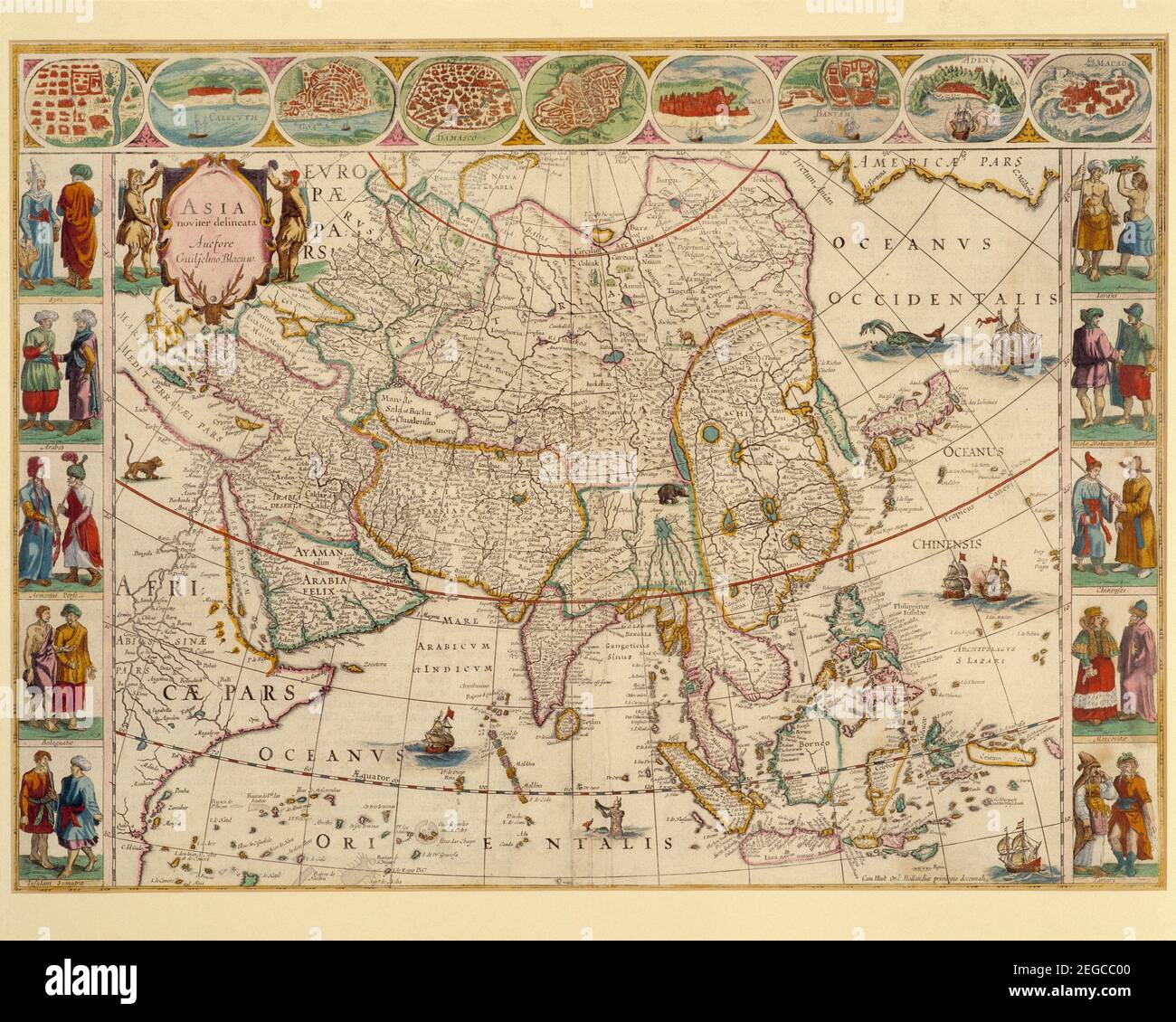 Illustrazione. Mappa storica. Asia noviter delineata auctore Guiljelmo Blaeuw di W. Blaeu. Atlas edizione circa 1650. Foto Stock
