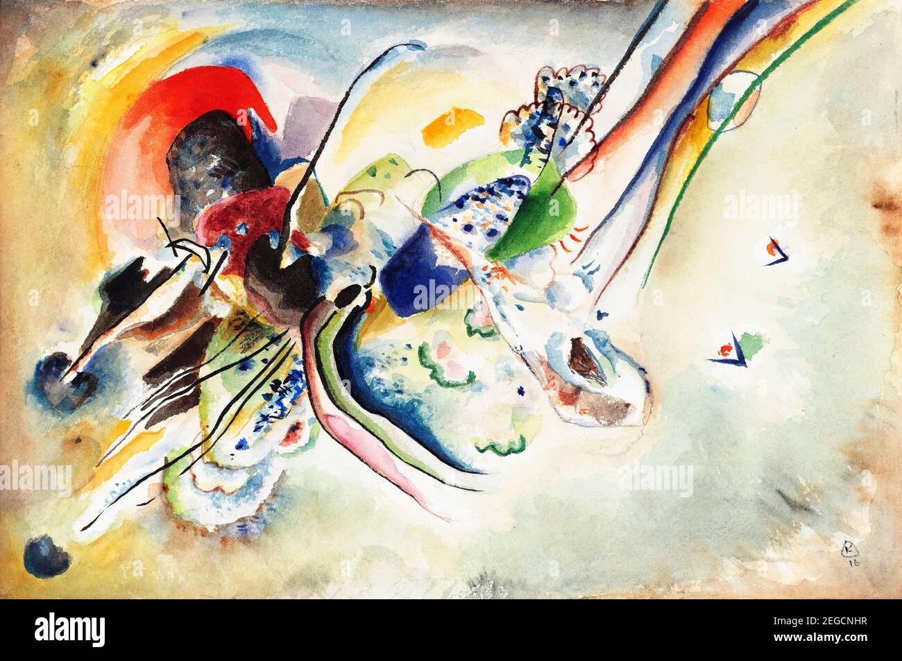 Pittura di Kandinsky. Composizione (Studio per 'Bild mit zwei roten Flecken') di Wassily Kandinsky (1866-1944), acquerello e matita su carta, 1916 Foto Stock