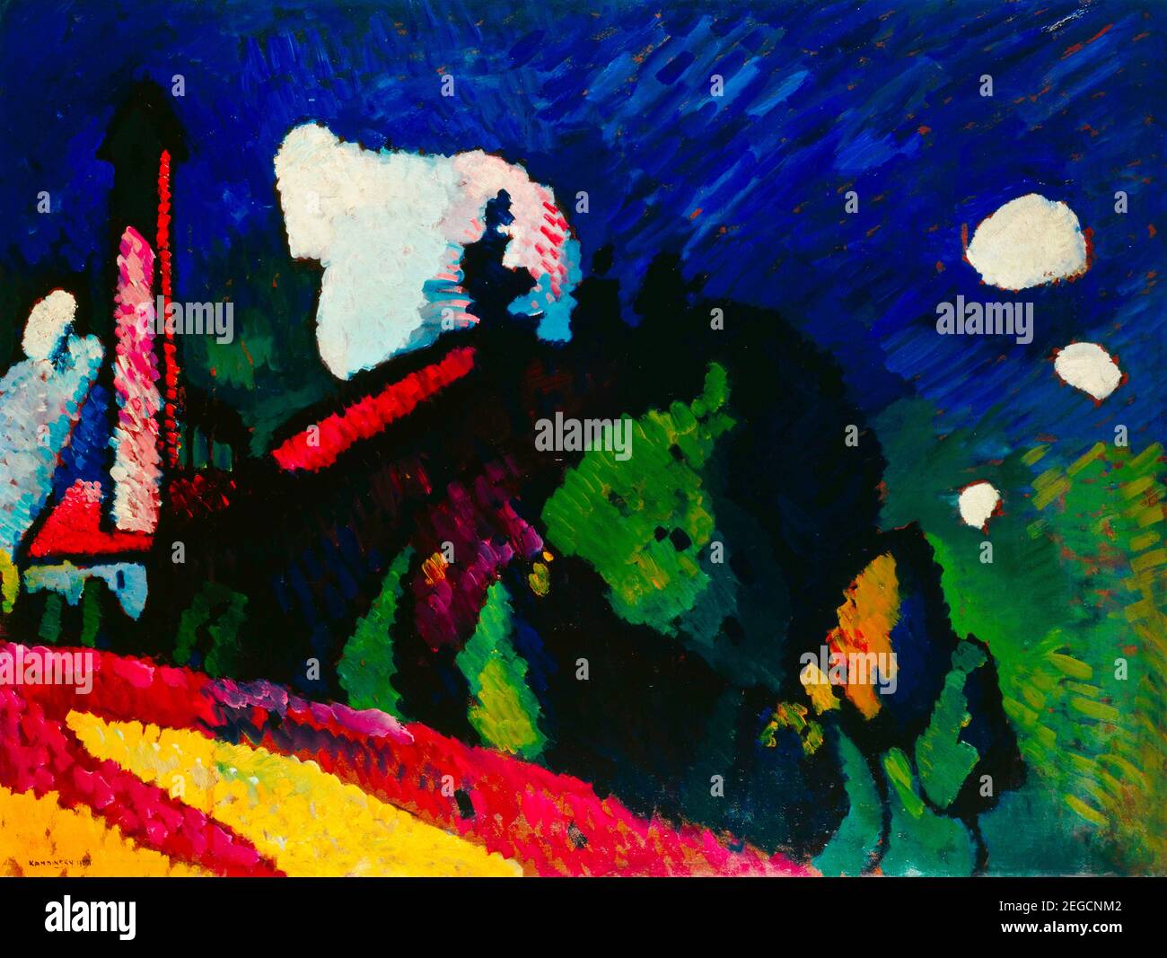 Pittura di Kandinsky. 'Murnau, Paesaggio con Torre' (Murnau, Landschaft mit Turm) di Wassily Kandinsky (1866-1944), olio su cartone, 1908 Foto Stock