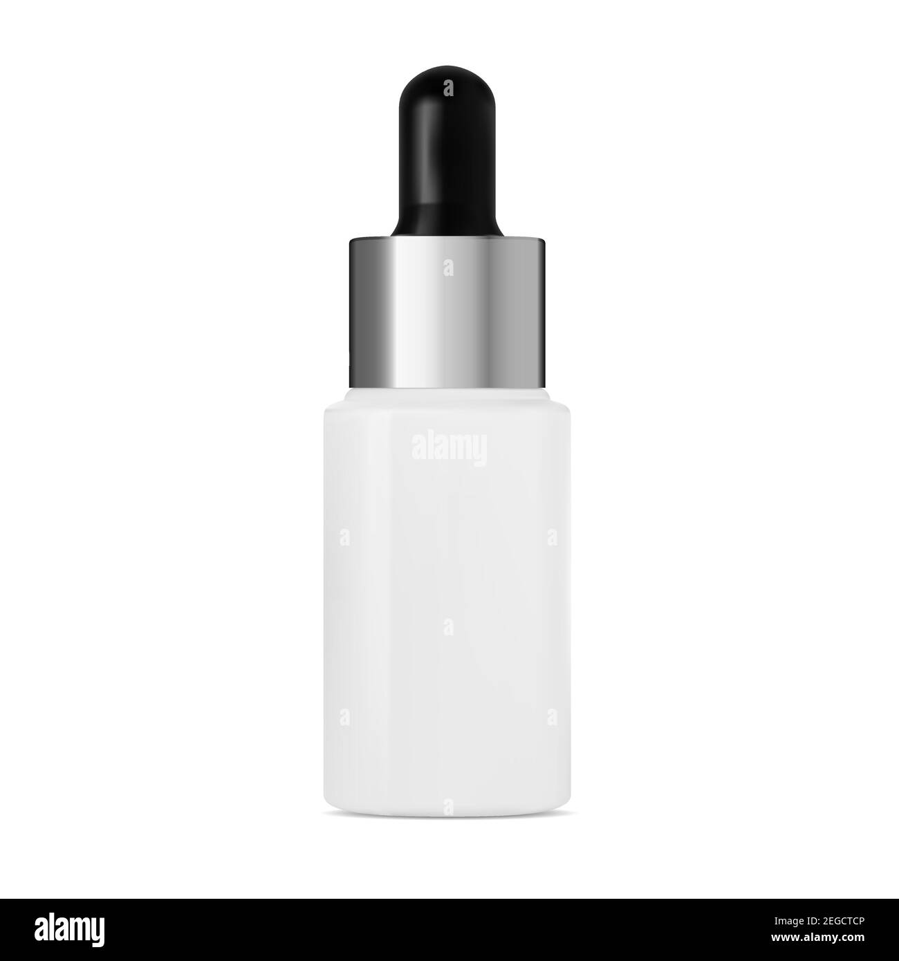 Mockup flacone contagocce per siero. Confezione cosmetica in collagene con pipetta goccia argento. Fiala per contagocce in olio essenziale modello 3d realistico. Invecchiamento medico Illustrazione Vettoriale