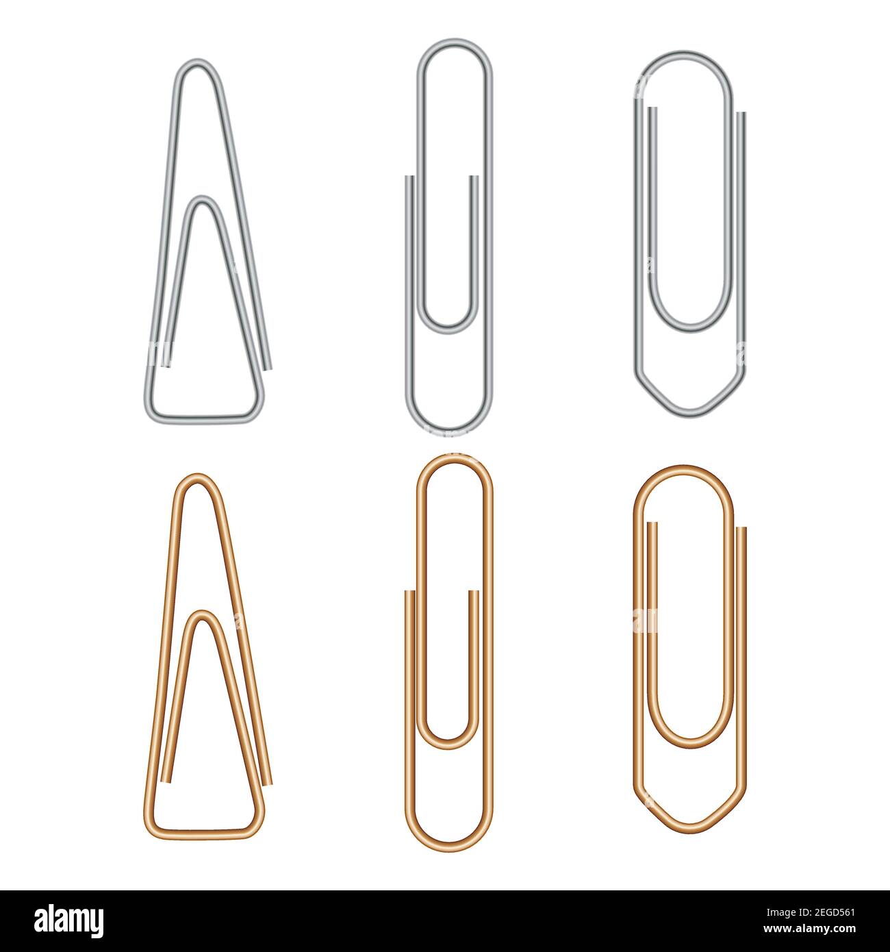 Graffetta. Clip per ufficio in metallo isolato su sfondo bianco. Argento realistico e legante dorato. Strumento di fissaggio cancelleria per pagina, scheda. Giallo Illustrazione Vettoriale