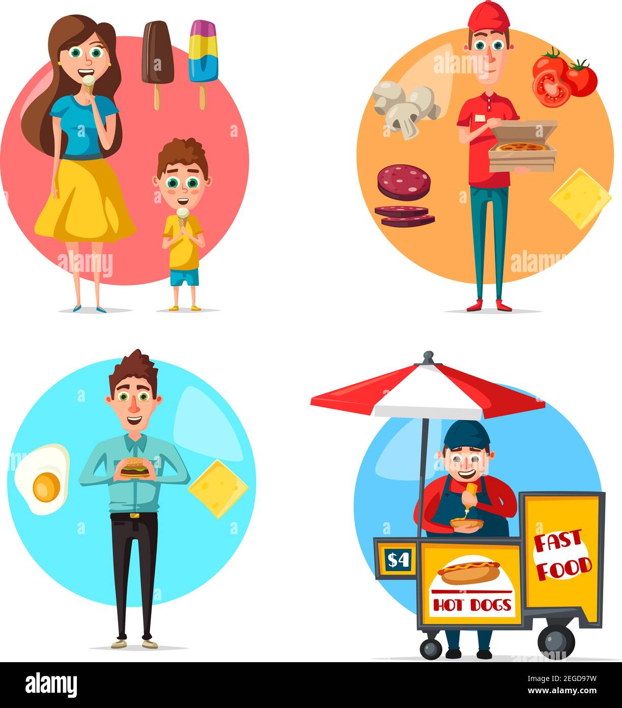 Cibo e persone icone piatte. Set vettoriale di hamburger fast food, pizza man e uova omelette pasto o pranzo giornaliero, hot dog venditore di cibo di strada e gelato sw Illustrazione Vettoriale Cibo e persone icone piatte. Set vettoriale di hamburger fast food, pizza man e uova omelette pasto o pranzo giornaliero, hot dog venditore di cibo di strada e gelato sw Illustrazione Vettoriale