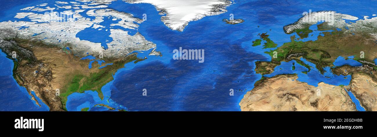 Mappa fisica del Nord America, dell'Europa occidentale e del Nord Africa. Vista piatta e dettagliata del pianeta Terra. Illustrazione 3D - elementi forniti dalla NASA Foto Stock
