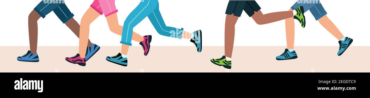 Gambe di gruppo che camminano in scarpe. Gruppo di persone che corrono una maratona, piedi in scarpe sportive. Uomini e donne corrono in formazione. Illustrazione vettoriale in Illustrazione Vettoriale