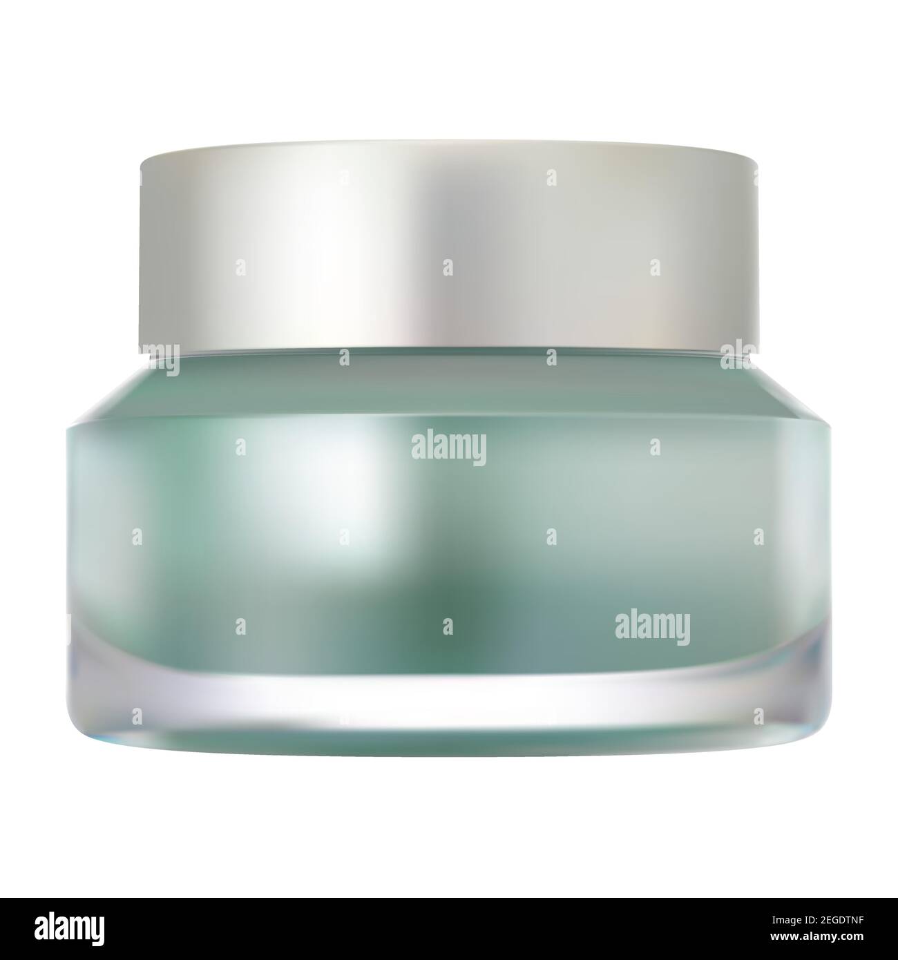 Mockup vaso panna di vetro. Contenitore vettoriale realistico vuoto per prodotto cosmetico. Confezione rotonda con coperchio in plastica argento per una polvere da trucco di lusso. Isolare Illustrazione Vettoriale