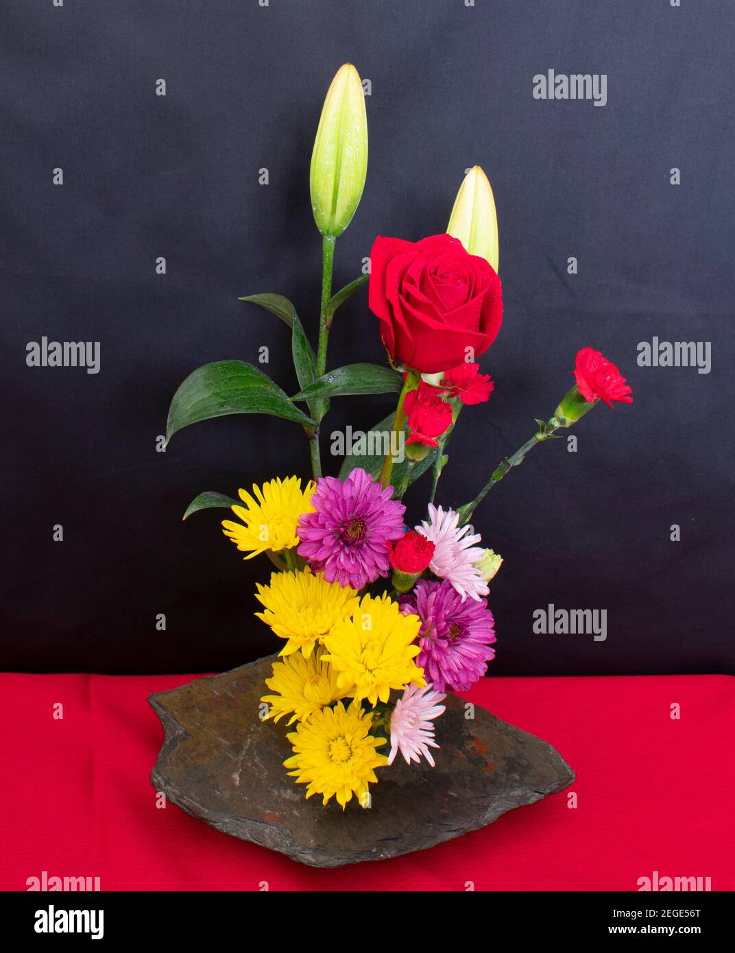 Una varietà di fiori, boccioli e foglie in un colorato allestimento interno con blurring selettivo -08 Foto Stock