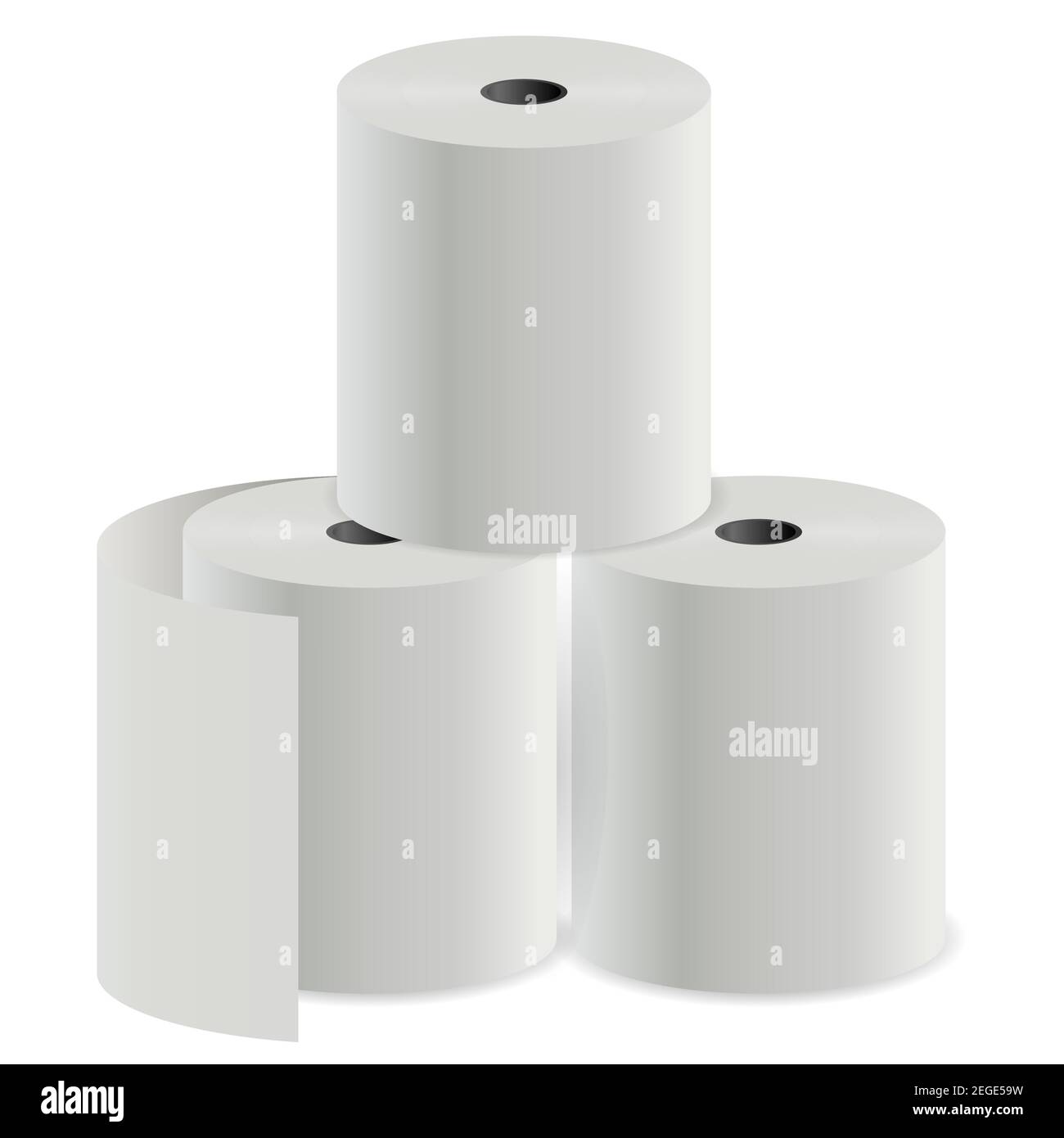 Rotolo di carta igienica. Cilindro di stampa del registro termico. Mockup della provetta di controllo del cassiere. Asciugamano da cucina per la casa. Bianco tessuto igienico bianco bianco. Supermercato c Illustrazione Vettoriale