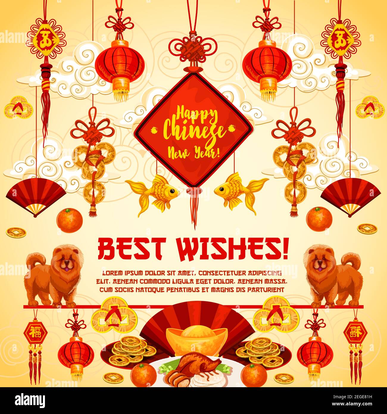 Happy Chinese New Year Best Wish Greeting Card per la tradizionale Cina lunare festa di Capodanno. Simboli vettoriali delle monete d'oro del nodo fortunato, Chin Illustrazione Vettoriale