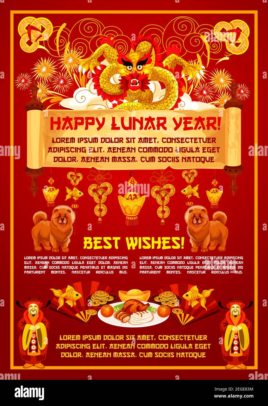 Happy Lunar Year cinese tradizionale biglietto di auguri e geroglifici su sfondo rosso con simboli di celebrazione e decorazioni. dra vettore dorato Illustrazione Vettoriale