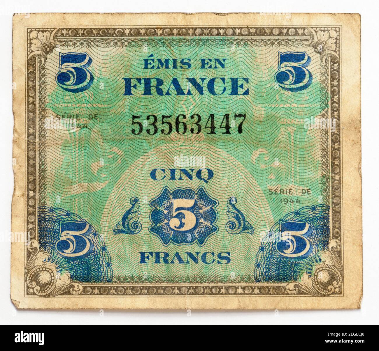 Vecchia nota bancaria francese cinque franchi Foto Stock