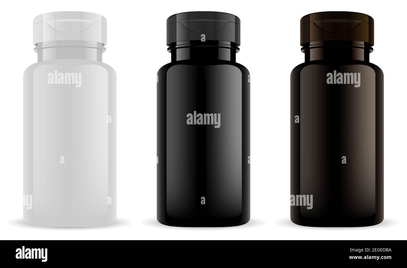 Supplemento bottiglia. Boccapiola di pillola di vitamina nera, plastica di scown. Contenitore farmaceutico per capsule e compresse. Modello vuoto vector 3d con coperchio per Illustrazione Vettoriale