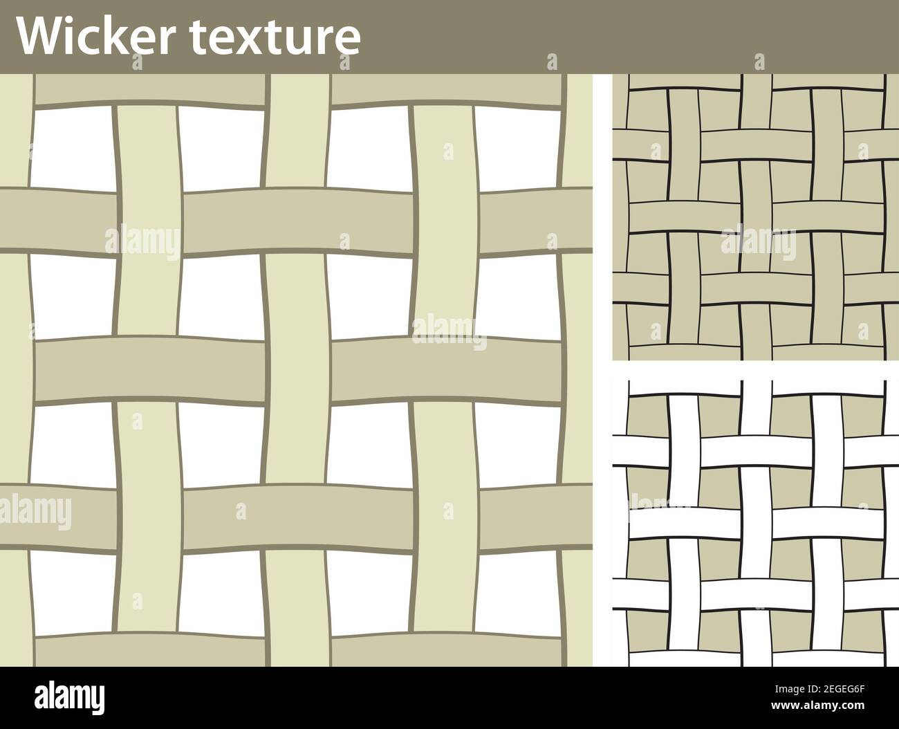 Tre diverse versioni di un motivo senza cuciture riempite con una texture di vimini: Senza riempimento, con riempimento bianco e colorato. Illustrazione Vettoriale