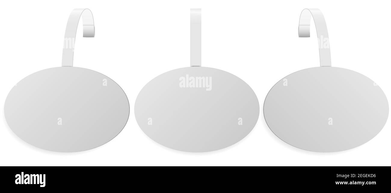 Vendita negozio dangler. Wobbler mockup. Design vettoriale con etichetta a punti in plastica. Adesivo promozionale ovale per scaffale supermercato. Portadocumenti rotondo a scomparsa per shel per la vendita al dettaglio Illustrazione Vettoriale
