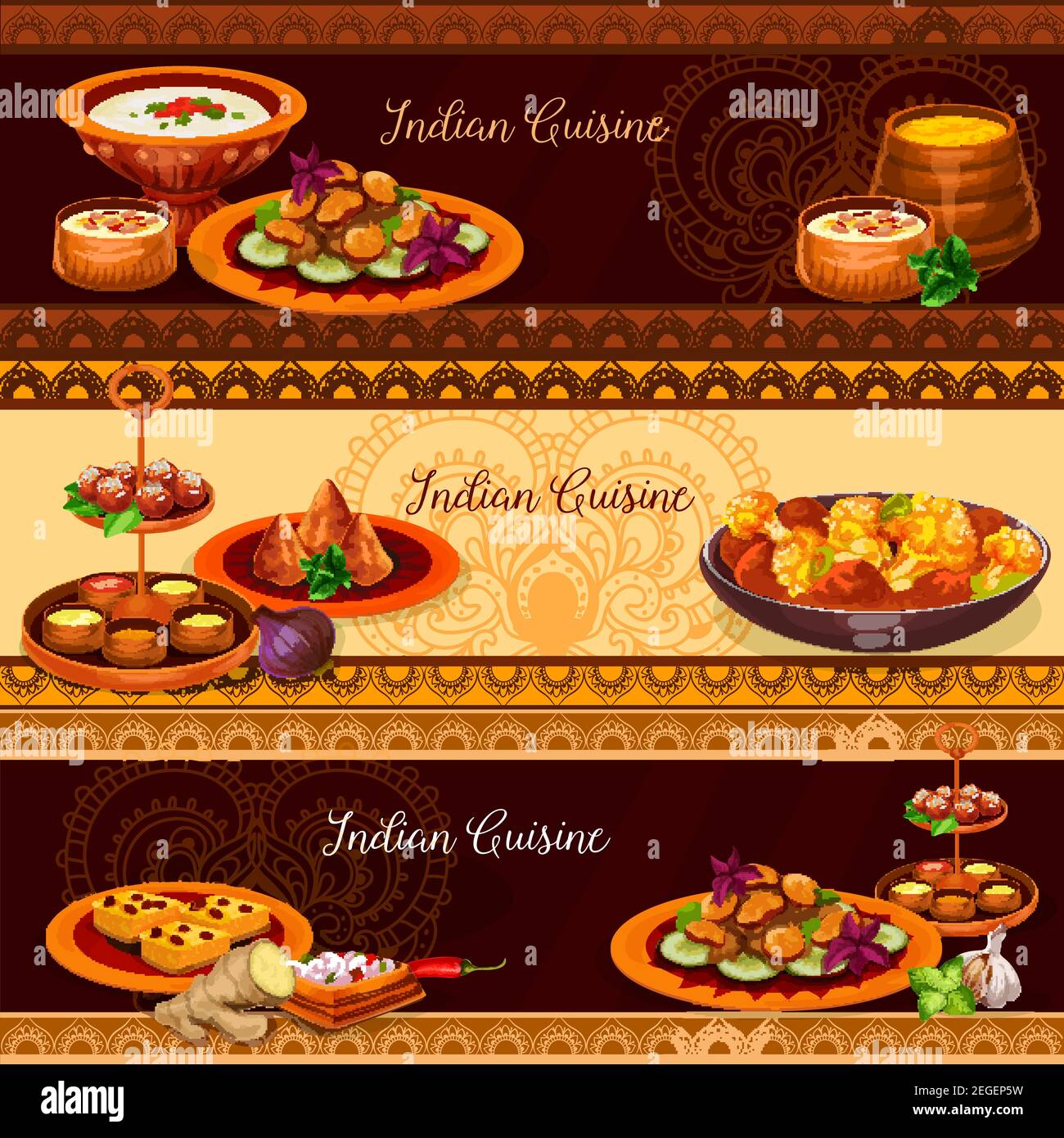 Cucina indiana, piatti tradizionali per pranzo, set di striscioni. Curry di pollo con verdure, torta di patate samosa, budino di riso con noci, salsa di pomodoro allo yogurt, se Illustrazione Vettoriale