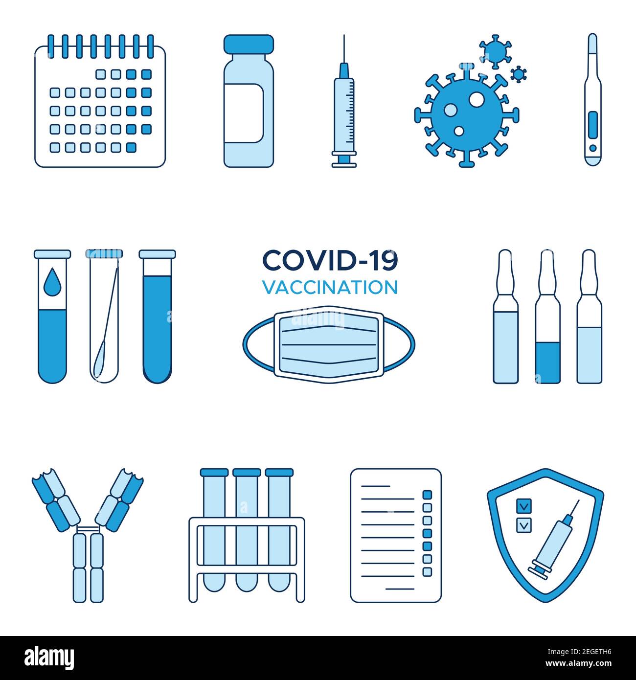 Set di icone coronavirus COVID-19 vaccinazione, calendario, fiale di vaccino, siringa, coronavirus, calendario, schermo, test, provetta per analisi del sangue, termomet Illustrazione Vettoriale