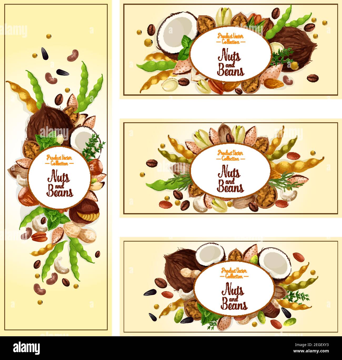 Set di etichette per supercibo per semi, fagioli e noci. Mandorla, arachidi, noce, pistacchio, nocciola, pecan, anacardi, soia, fagiolo di caffè, girasole e semi di zucca, mac Illustrazione Vettoriale